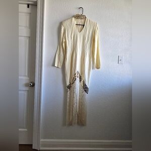 Elegant Vintage Karen Okada Cream Dress with Gold Sequin Accents & Fringe Bottom